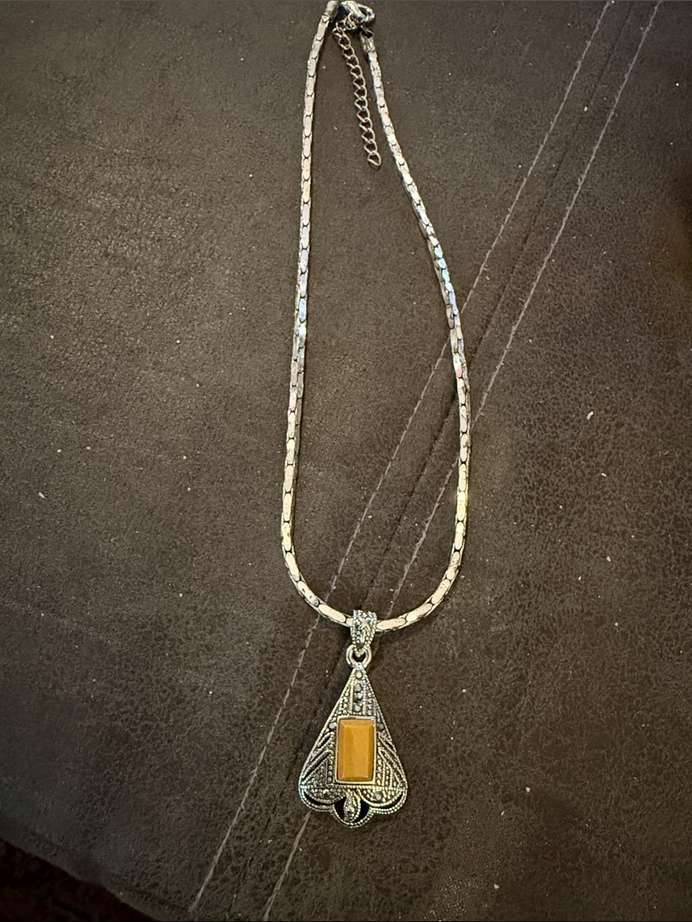 Silver-Tone Necklace with Amber Stone Teardrop Pendant - Women Jewelry